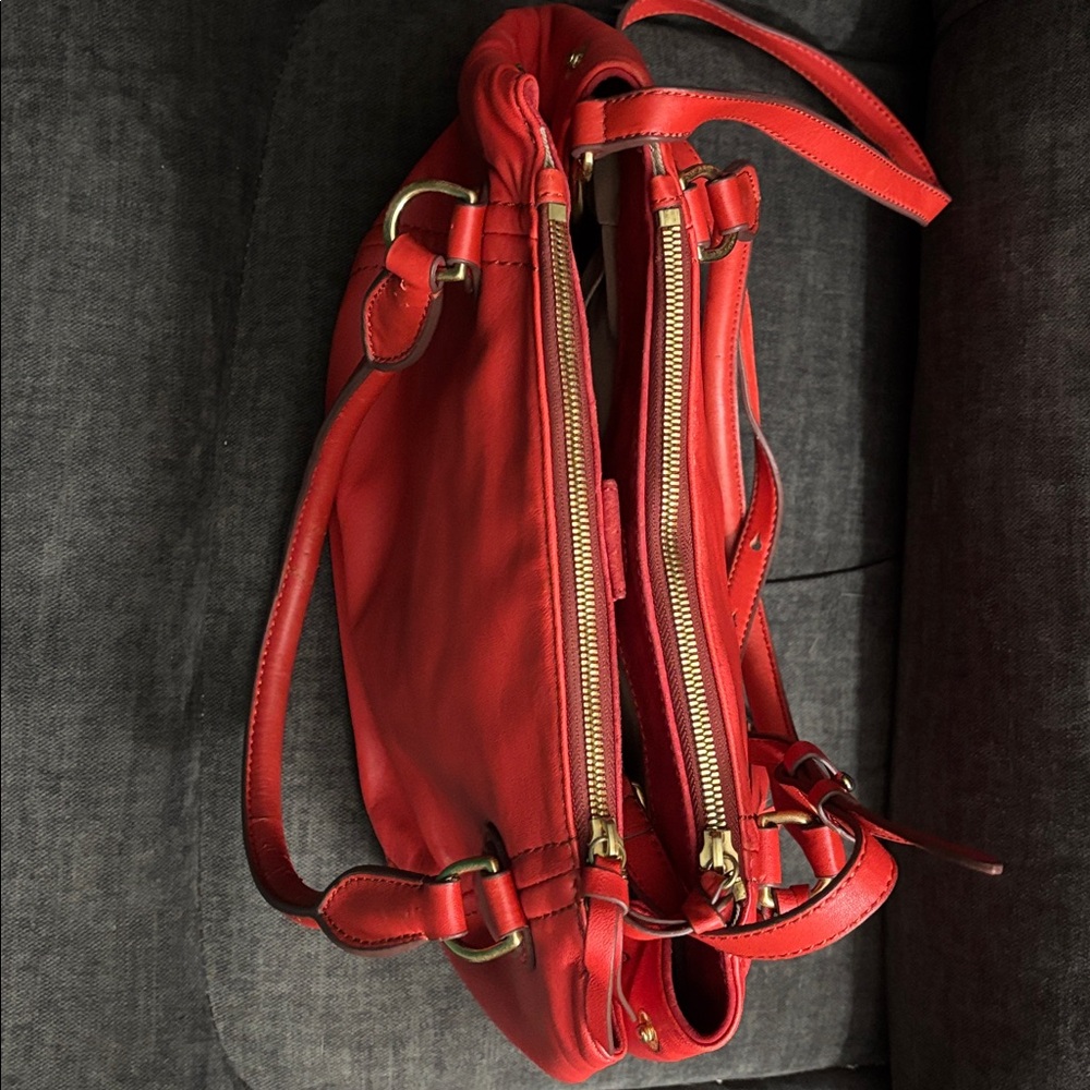 J. Crew Vintage Red Leather Shoulder Bag - Classic Women's 3 compartment Bag - Picture 5 of 6